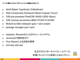 Copyright © DeNA Co.,Ltd. All Rights Reserved.
11
■ AltJS（Babel・TypeScript・CoffeeScript）
■ Web Components framework（React・Angular・Vue.js）
■ CSS pre processor（PostCSS・SASS・LESS・Stylus）
■ CSS naming conventions（BEM・ITCSS・FLOCSS）
■ Module bundler（webpack・gulp + npm scripts）
■ package manager（yarn・npm）
■ webpack、Browserifyによるモジュールシステム
■ Javascriptで静的型付け
■ Flux・Reduxによる状態の管理
■ Unit test・e2e test
乱立するコンポーネントフレームワーク。
各種トランスパイル言語によるロックイン...
サービス運用におけるパラダイムシフトとの最適な付き合い方
 