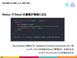 Copyright © DeNA Co.,Ltd. All Rights Reserved.
23
Redux で React の責務が単純になる
直近の業務における選択 - React を選んだ観点 -
React Reduxで頻出する、Stateless Functional Component の一例。
コンポーネントの状態はStoreで管理され、共有される。
コンポーネントからロジックが排出される。
 