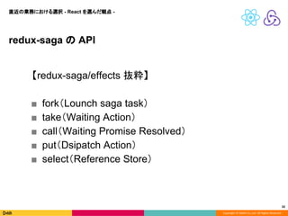 Copyright © DeNA Co.,Ltd. All Rights Reserved.
32
redux-saga の API
【redux-saga/effects 抜粋】
■ fork（Lounch saga task）
■ take（Waiting Action）
■ call（Waiting Promise Resolved）
■ put（Dsipatch Action）
■ select（Reference Store）
直近の業務における選択 - React を選んだ観点 -
 