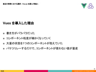 Copyright © DeNA Co.,Ltd. All Rights Reserved.
54
Vuex を導入した理由
■ 書き方がバラバラだった
■ コンポーネント粒度が細かくなっていく
■ 大量の状態を1つのコンポーネントが抱えていた
■ バケツリレーするだけで、コンポーネントが使わない値が量産
直近の業務における選択 - Vue.js を選んだ観点 -
 