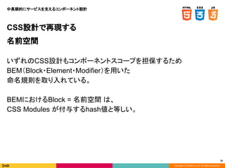 Copyright © DeNA Co.,Ltd. All Rights Reserved.
74
CSS設計で再現する
名前空間
いずれのCSS設計もコンポーネントスコープを担保するため
BEM（Block・Element・Modifier）を用いた
命名規則を取り入れている。
BEMにおけるBlock = 名前空間 は、
CSS Modules が付与するhash値と等しい。
中長期的にサービスを支えるコンポーネント設計
 