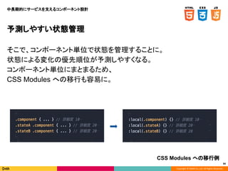 Copyright © DeNA Co.,Ltd. All Rights Reserved.
84
予測しやすい状態管理
そこで、コンポーネント単位で状態を管理することに。
状態による変化の優先順位が予測しやすくなる。
コンポーネント単位にまとまるため、
CSS Modules への移行も容易に。
中長期的にサービスを支えるコンポーネント設計
CSS Modules への移行例
 