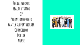Socialworker
Healthvisitor
GP
Probationofficer
Familysupportworker
Councillor
Doctor
Nurse
 
