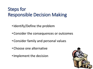 Steps for
Responsible Decision Making
•Identify/Define the problem
•Consider the consequences or outcomes
•Consider family and personal values
•Choose one alternative
•Implement the decision
 