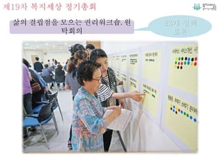 제19차 복지세상 정기총회
삶의 결핍점을 모으는 권리워크숍, 원
탁회의
23개 정책
토론
 