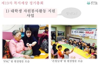 제19차 복지세상 정기총회
1) 대학생 자원봉사활동 지원
사업
청년ON
‘FNC’ 팀 현장방문 모습 ‘은빛날개’ 팀 현장방문 모습
 