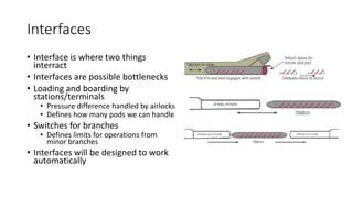 Interfaces
• Interface is where two things
interract
• Interfaces are possible bottlenecks
• Loading and boarding by
stations/terminals
• Pressure difference handled by airlocks
• Defines how many pods we can handle
• Switches for branches
• Defines limits for operations from
minor branches
• Interfaces will be designed to work
automatically
 