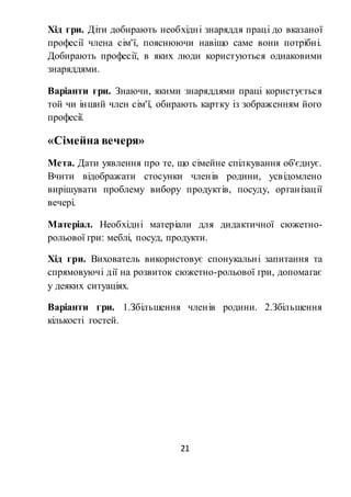 21
Хід гри. Діти добирають необхідні знаряддя праці до вказаної
професії члена сім'ї, пояснюючи навіщо саме вони потрібні.
Добирають професії, в яких люди користуються однаковими
знаряддями.
Варіанти гри. Знаючи, якими знаряддями праці користується
той чи інший член сім'ї, обирають картку із зображенням його
професії.
«Сімейна вечеря»
Мета. Дати уявлення про те, що сімейне спілкування об'єднує.
Вчити відображати стосунки членів родини, усвідомлено
вирішувати проблему вибору продуктів, посуду, організації
вечері.
Матеріал. Необхідні матеріали для дидактичної сюжетно-
рольової гри: меблі, посуд, продукти.
Хід гри. Вихователь використовує спонукальні запитання та
спрямовуючі дії на розвиток сюжетно-рольової гри, допомагає
у деяких ситуаціях.
Варіанти гри. 1.Збільшення членів родини. 2.Збільшення
кількості гостей.
 