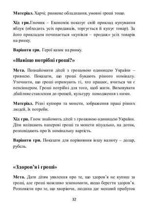 32
Матеріал. Харчі; ринкове обладнання, умовні гроші тощо.
Хід гри.Гномик – Економік показує свій приклад купування
яблук (обходить усіх продавців, торгується й купує товар). За
його прикладом починається «купівля – продаж» усіх товарів
на ринку.
Варіанти гри. Герої казок на ринку.
«Навіщо потрібні гроші?»
Мета. Познайомити дітей з грошовою одиницею України –
гривнею. Показати, що гроші бувають різного номіналу.
Уточнити, що гроші отримують ті, хто працює, вчиться чи є
пенсіонером. Гроші потрібні для того, щоб жити. Виховувати
дбайливе ставлення до грошей, культуру поводження з ними.
Матеріал. Різні купюри та монети, зображення праці різних
людей, їх потреби.
Хід гри. Гном знайомить дітей з грошовою одиницею України.
Діти впізнають паперові гроші та монети візуально, на дотик,
розповідають про їх номінальну вартість.
Варіанти гри. Показати для порівняння іншу валюту – долар,
рубель.
«Здоров’яі гроші»
Мета. Дати дітям уявлення про те, що здоров’я не купиш за
гроші, але гроші можливо зекономити, якщо берегти здоров’я.
Розповісти про те, що хворіючи, людина дає менший прибуток
 