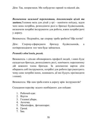 55
Діти: Так, впораємося. Ми побудуємо гарний та міцний дім.
Визначення загальної перспективи, декомпозиція цілей та
завдань.Головна мета для дітей у грі – намітити поїздку, задля
чого вона потрібна, розподілити ролі в бригаді будівельників,
визначити потрібні інструменти для роботи, взяти потрібні речі
у дорогу.
Вихователь: Подумайте, що спершу треба зробити? Що потім?
Діти: Спершу-сформувати бригаду будівельників, а
потімрозподілити хто чим буде займатися.
Розподіл обов’язків, ролей.
Вихователь з дітьми обговорюють професії людей, з яких буде
складаться бригада, розподіляють ролі, намічають перспективу
дій кожного члена бригади. За допомогою карток діти
обирають собі інструменти, потрібні для роботи (аргументують
чому саме потрібні вони, називають дії які будуть проізводити
з ними).
Вихователь: Що нам треба взяти в дорогу крім інструментів?
Складання переліку всього необхідного для поїздки:
1. Робочий одяг.
2. Взуття
3. Головні убори.
4. Аптечка.
5. Магнітофон, фотоаппарат.
6. Гроші.
7. Їжа.
 