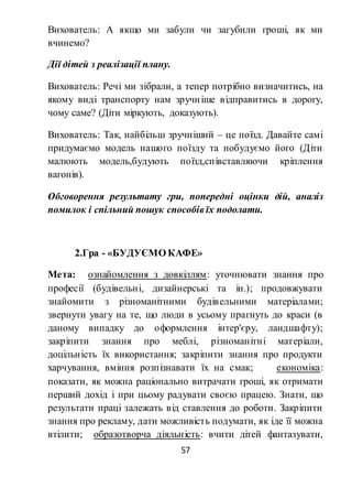 57
Вихователь: А якщо ми забули чи загубили гроші, як ми
вчинемо?
Дії дітей з реалізації плану.
Вихователь: Речі ми зібрали, а тепер потрібно визначитись, на
якому виді транспорту нам зручніше відправитись в дорогу,
чому саме? (Діти міркують, доказують).
Вихователь: Так, найбільш зручніший – це поїзд. Давайте самі
придумаємо модель нашого поїзду та побудуємо його (Діти
малюють модель,будують поїзд,співставляючи кріплення
вагонів).
Обговорення результату гри, попередні оцінки дій, аналіз
помилок і спільний пошук способів їх подолати.
2.Гра - «БУДУЄМО КАФЕ»
Мета: ознайомлення з довкіллям: уточнювати знання про
професії (будівельні, дизайнерські та ін.); продовжувати
знайомити з різноманітними будівельними матеріалами;
звернути увагу на те, що люди в усьому прагнуть до краси (в
даному випадку до оформлення інтер'єру, ландшафту);
закріпити знання про меблі, різноманітні матеріали,
доцільність їх використання; закріпити знання про продукти
харчування, вміння розпізнавати їх на смак; економіка:
показати, як можна раціонально витрачати гроші, як отримати
перший дохід і при цьому радувати своєю працею. Знати, що
результати праці залежать від ставлення до роботи. Закріпити
знання про рекламу, дати можливість подумати, як іде її можна
втілити; образотворча діяльність: вчити дітей фантазувати,
 