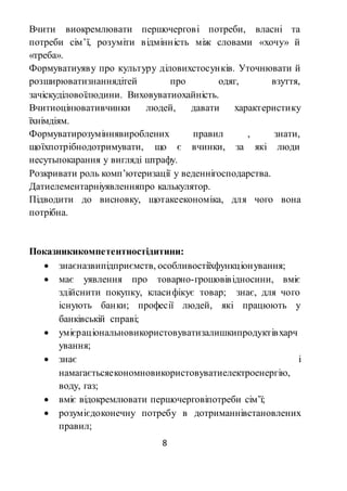 8
Вчити виокремлювати першочергові потреби, власні та
потреби сім’ї, розуміти відмінність між словами «хочу» й
«треба».
Формуватиуяву про культуру діловихстосунків. Уточнювати й
розширюватизнаннядітей про одяг, взуття,
зачіскуділовоїлюдини. Виховуватиохайність.
Вчитиоцінювативчинки людей, давати характеристику
їхнімдіям.
Формуватирозуміннявироблених правил , знати,
щоїхпотрібнодотримувати, що є вчинки, за які люди
несутьпокарання у вигляді штрафу.
Розкривати роль комп’ютеризації у веденнігосподарства.
Датиелементарніуявленняпро калькулятор.
Підводити до висновку, щотакеекономіка, для чого вона
потрібна.
Показникикомпетентностідитини:
 знаєназвипідприємств, особливостіїхфункціонування;
 має уявлення про товарно-грошовівідносини, вміє
здійснити покупку, класифікує товар; знає, для чого
існують банки; професії людей, які працюють у
банківській справі;
 умієраціональновикористовуватизалишкипродуктівхарч
ування;
 знає і
намагаєтьсяекономновикористовуватиелектроенергію,
воду, газ;
 вміє відокремлювати першочерговіпотреби сім’ї;
 розумієдоконечну потребу в дотриманнівстановлених
правил;
 
