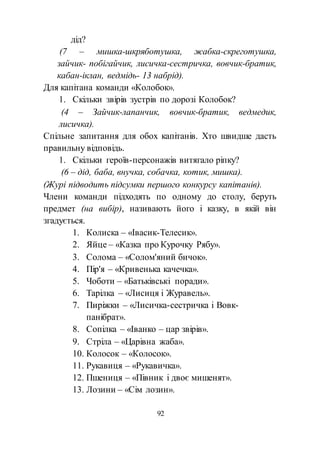 92
дід?
(7 – мишка-шкряботушка, жабка-скреготушка,
зайчик- побігайчик, лисичка-сестричка, вовчик-братик,
кабан-іклан, ведмідь- 13 набрід).
Для капітана команди «Колобок».
1. Скільки звірів зустрів по дорозі Колобок?
(4 – Зайчик-лапанчик, вовчик-братик, ведмедик,
лисичка).
Спільне запитання для обох капітанів. Хто швидше дасть
правильну відповідь.
1. Скільки героїв-персонажів витягало ріпку?
(6 – дід, баба, внучка, собачка, котик, мишка).
(Журі підводить підсумки першого конкурсу капітанів).
Члени команди підходять по одному до столу, беруть
предмет (на вибір), називають його і казку, в якій він
згадується.
1. Колиска – «Івасик-Телесик».
2. Яйце – «Казка про Курочку Рябу».
3. Солома – «Солом'яний бичок».
4. Пір'я – «Кривенька качечка».
5. Чоботи – «Батьківські поради».
6. Тарілка – «Лисиця і Журавель».
7. Пиріжки – «Лисичка-сестричка і Вовк-
панібрат».
8. Сопілка – «Іванко – цар звірів».
9. Стріла – «Царівна жаба».
10. Колосок – «Колосок».
11. Рукавиця – «Рукавичка».
12. Пшениця – «Півник і двоє мишенят».
13. Лозини – «Сім лозин».
 