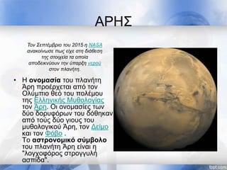 ΑΡΗΣ
• Η ονομασία του πλανήτη
Άρη προέρχεται από τον
Ολύμπιο θεό του πολέμου
της Ελληνικής Μυθολογίας
τον Άρη. Οι ονομασίες των
δύο δορυφόρων του δόθηκαν
από τούς δύο γιους του
μυθολογικού Άρη, τον Δείμο
και τον Φόβο .
Το αστρονομικό σύμβολο
του πλανήτη Άρη είναι η
"λογχοφόρος στρογγυλή
ασπίδα".
Τον Σεπτέμβριο του 2015 η NASA
ανακοίνωσε πως είχε στη διάθεση
της στοιχεία τα οποία
αποδεικνύουν την ύπαρξη νερού
στον πλανήτη.
 