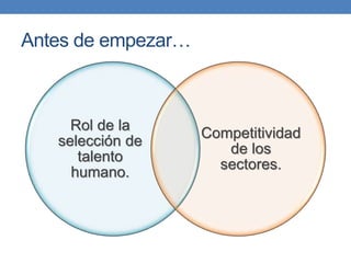 Antes de empezar…
Rol de la
selección de
talento
humano.
Competitividad
de los
sectores.
 