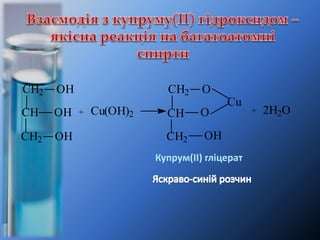 CH2 OH
CH OH
CH2 OH
+ Cu(OH)2 CH + 2H2O
CH2 O
O
CH2 OH
Cu
Купрум(ІІ) гліцерат
 