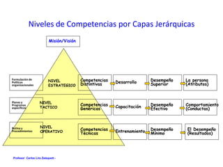 Profesor: Carlos Lira Zalaquett.-
Niveles de Competencias por Capas Jerárquicas
NIVEL
OPERATIVO
NIVEL
TACTICO
NIVEL
ESTRATEGICO
Competencias
Distintivas
Competencias
Genéricas
Competencias
Técnicas
Desarrollo
Capacitación
Entrenamiento
Desempeño
Superior
Desempeño
Efectivo
Desempeño
Mínimo
La persona
(Atributos)
Comportamiento
(Conductas)
El Desempeño
(Resultados)
Misión/Visión
Formulación de
Políticas
organizacionales
Planes y
Programas
específicos
Rutina y
Procedimientos
 