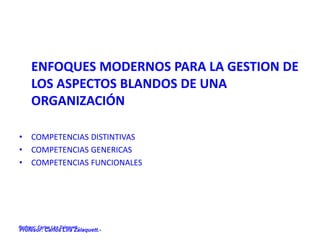 Profesor: Carlos Lira Zalaquett.-
ENFOQUES MODERNOS PARA LA GESTION DE
LOS ASPECTOS BLANDOS DE UNA
ORGANIZACIÓN
• COMPETENCIAS DISTINTIVAS
• COMPETENCIAS GENERICAS
• COMPETENCIAS FUNCIONALES
Profesor: Carlos Lira Zalaquett.-
 