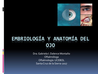 EMBRIOLOGÍA Y ANATOMÍA DEL
OJO
Dra. Gabriela I. Dalence Montaño
Oftalmóloga
Oftalmología UCEBOL
Santa Cruz de la Sierra-2017
 