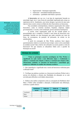 30
Sociologia na Educação I
Pedagogia
Burocracia – atualmente esse
termo tem um significado
pejorativo pelo excesso de
mecanismos e rituais adotados
em instituições para tomadas de
decisões: acúmulo de papéis e
carimbos que passam por
inúmeras repartições até o
destino final.
Vimos os principais conceitos sociológicos de Max Weber: o
significado de ação social e seus diferentes tipos: o tradicional; o
afetivo; o racional com relação a valores; o racional com relação a fins.
Destacamos, também, os conceitos de burocracia e autoridade que
podem ser utilizados na análise dos sistemas escolares.
Síntese da unidade
• legal-racional – hierarquia organizada;
• tradicional – autoridade herdada (parentesco);
• carismática – qualidades individuais e pessoais.
A burocracia, por sua vez, é um tipo de organização baseada na
autoridade legal, isto é, uma forma de autoridade legitimada pela crença na
supremacia da lei. Atualmente, esse termo designa o governo de uma casta
(tipo de classe social, comum na Índia) de altos funcionários ou burocratas.
Nas sociedades contemporâneas, inúmeras organizações têm caráter
burocrático, como os sistemas escolares, hospitais, empresas, órgãos
governamentais. A escola, como instituição, possui estruturas hierárquicas.
A escola, como organização, pode ser tão variada quanto as
personalidades que a compõem. Contudo é uma forma de burocracia com
autoridade, baseada em uma hierarquia que pode controlar por meio da
força, da recompensa, da punição, da persuasão, da coesão ou da
autodisciplina.
A partir da concepção de Max Weber, podemos fazer alguns
questionamentos relativos à escola de nosso tempo: como se dá a autoridade
na unidade escolar? Que critérios são utilizados na escola quando se trata da
burocracia? De que maneira os educadores lidam com a questão da
hierarquia na escola?
1 - Que importância e significado tem a teoria da burocracia weberiana para
a educação atual?
2 - Verifique nas práticas escolares se a burocracia (conforme Weber) está a
serviço da eficiência e eficácia das finalidades da educação ou se está
servindo para dificultar as atividades educacionais.
3 - Elabore uma análise comparativa entre as concepções de Durkheim, Karl
Marx e Weber sobre sociedade e educação, evidenciando suas diferenças,
conforme o quadro abaixo:
Fenômeno
social
Visão de
mundo
Visão de
homem
Visão de
educação
Durkheim
Marx
Weber
 
