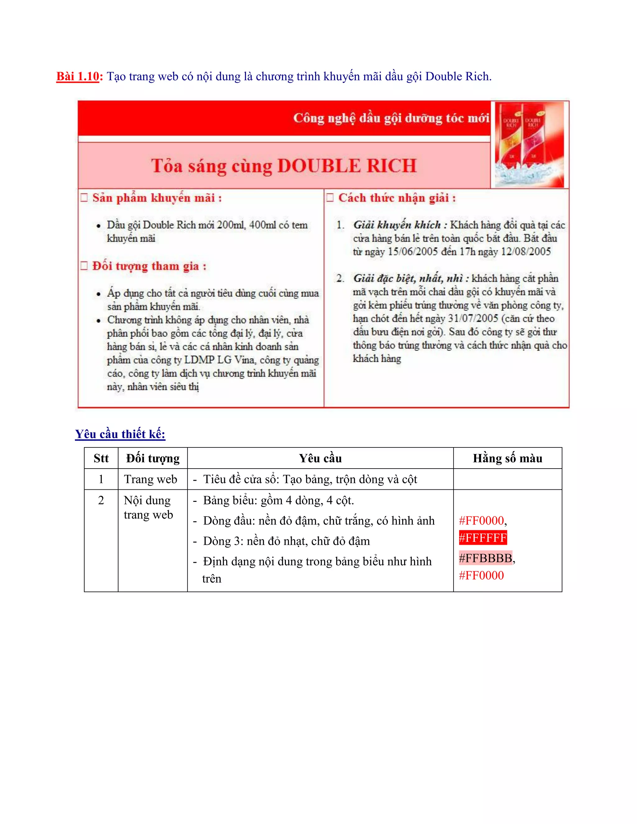 Bài 1.10: Tạo trang web có nội dung là chương trình khuyến mãi dầu gội Double Rich.
Yêu cầu thiết kế:
Stt Đối tượng Yêu cầu Hằng số màu
1 Trang web - Tiêu đề cửa sổ: Tạo bảng, trộn dòng và cột
2 Nội dung
trang web
- Bảng biểu: gồm 4 dòng, 4 cột.
- Dòng đầu: nền đỏ đậm, chữ trắng, có hình ảnh
- Dòng 3: nền đỏ nhạt, chữ đỏ đậm
- Định dạng nội dung trong bảng biểu như hình
trên
#FF0000,
#FFFFFF
#FFBBBB,
#FF0000
 