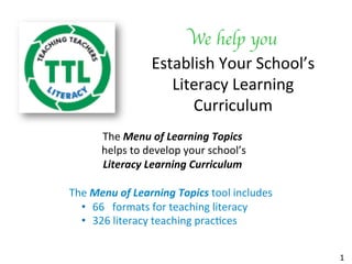 We help you	

Establish	Your	School’s	
Literacy	Learning	
Curriculum	
1	
The	Menu	of	Learning	Topics	
	helps	to	develop	your	school’s		
Literacy	Learning	Curriculum	
	
	 		 			The	Menu	of	Learning	Topics	tool	includes	
•  66			formats	for	teaching	literacy	
•  326	literacy	teaching	pracAces	
	
 