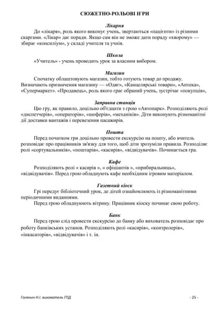 Голянич Н.І. вихователь ГПД - 25 -
СЮЖЕТНО-РОЛЬОВІ ІГРИ
Лікарня
До «лікаря», роль якого виконує учень, звертаються «пацієнти» із різними
скаргами. «Лікар» дає поради. Якщо сам він не зможе дати пораду «хворому» —
збирає «консиліум», у складі учителя та учнів.
Школа
«Учитель» - учень проводить урок за власним вибором.
Магазин
Спочатку облаштовують магазин, тобто готують товар до продажу.
Визначають призначення магазину — «Одяг», «Канцелярські товари», «Аптека»,
«Супермаркет». «Продавець», роль якого грає обраний учень, зустрічає «покупців»,
Заправна станція
Цю гру, як правило, доцільно об'єднати з грою «Автопарк». Розподіляють ролі
«диспетчерів», «операторів», «шоферів», «механіків». Діти виконують різноманітні
дії доставки вантажів і перевезення пасажирів.
Пошта
Перед початком гри доцільно провести екскурсію на пошту, або вчитель
розповідає про працівників зв'язку для того, щоб діти зрозуміли правила. Розподіляє
ролі «сортувальників», «поштарів», «касирів», «відвідувачів». Починається гра.
Кафе
Розподіляють ролі « касирів », « офіціантів », «прибиральниць»,
«відвідувачів». Перед грою обладнують кафе необхідним ігровим матеріалом.
Газетний кіоск
Грі передує бібліотечний урок, де дітей ознайомлюють із різноманітними
періодичними виданнями.
Перед грою обладнуюють вітрину. Працівник кіоску починає свою роботу.
Банк
Перед грою слід провести екскурсію до банку або вихователь розповідає про
роботу банківських установ. Розподіляють ролі «касирів», «контролерів»,
«інкасаторів», «відвідувачів» і т. ін.
 