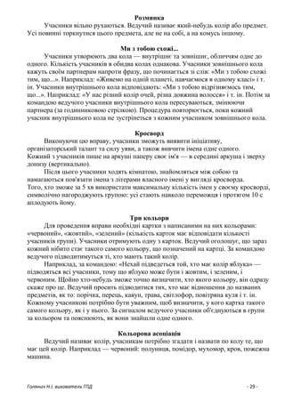 Голянич Н.І. вихователь ГПД - 29 -
Розминка
Учасники вільно рухаються. Ведучий називає який-небудь колір або предмет.
Усі повинні торкнутися цього предмета, але не на собі, а на комусь іншому.
Ми з тобою схожі...
Учасники утворюють два кола — внутрішнє та зовнішнє, обличчям одне до
одного. Кількість учасників в обидва колах однакова. Учасники зовнішнього кола
кажуть своїм партнерам напроти фразу, що починається зі слів: «Ми з тобою схожі
тим, що...». Наприклад: «Живемо на одній планеті, навчаємося в одному класі» і т.
ін. Учасники внутрішнього кола відповідають: «Ми з тобою відрізняємось тим,
що...». Наприклад: «У нас різний колір очей, різна довжина волосся» і т. ін. Потім за
командою ведучого учасники внутрішнього кола пересуваються, змінюючи
партнера (за годинниковою стрілкою). Процедура повторюється, поки кожний
учасник внутрішнього кола не зустрінеться з кожним учасником зовнішнього кола.
Кросворд
Виконуючи цю вправу, учасники зможуть виявити ініціативу,
організаторський талант та силу уяви, а також вивчити імена одне одного.
Кожний з учасників пише на аркуші паперу своє ім'я — в середині аркуша і зверху
донизу (вертикально).
Після цього учасники ходять кімнатою, знайомляться між собою та
намагаються пов'язати імена з літерами власного імені у вигляді кросворда.
Того, хто зможе за 5 хв використати максимальну кількість імен у своєму кросворді,
символічно нагороджують групою: усі стають навколо переможця і протягом 10 с
аплодують йому.
Три кольори
Для проведення вправи необхідні картки з написаними на них кольорами:
«червоний», «жовтий», «зелений» (кількість карток має відповідати кількості
учасників групи). Учасники отримують одну з карток. Ведучий оголошує, що зараз
кожний нібито стає такого самого кольору, що позначений на картці. За командою
ведучого підводитимуться ті, хто мають такий колір.
Наприклад, за командою: «Нехай підведеться той, хто має колір яблука» —
підводяться всі учасники, тому що яблуко може бути і жовтим, і зеленим, і
червоним. Щойно хто-небудь зможе точно визначити, хто якого кольору, він одразу
скаже про це. Ведучий просить підводитися тих, хто має відношення до названих
предметів, як то: порічка, перець, кавун, трава, світлофор, повітряна куля і т. ін.
Кожному учасникові потрібно бути уважним, щоб визначити, у кого картка такого
самого кольору, як і у нього. За сигналом ведучого учасники об'єднуються в групи
за кольором та пояснюють, як вони знайшли одне одного.
Кольорова асоціація
Ведучий називає колір, учасникам потрібно згадати і назвати по колу те, що
має цей колір. Наприклад — червоний: полуниця, помідор, мухомор, кров, пожежна
машина.
 