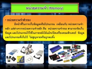 - หน่วยความจาสารอง
มีหน้าที่ในการเก็บข้อมูลหรือโปรแกรม เหมือนกับ หน่วยความจา
หลัก แต่ต่างจากหน่วยความจาหลัก คือ หน่วยความจารอง สามารถจัดเก็บ
ข้อมูล และโปรแกรมไว้ใช้ในภายหลังได้แม้จะปิดเครื่องคอมพิวเตอร์ ข้อมูล
และโปรแกรมที่เก็บไว้ ไม่สูญหายหรือถูกลบทิ้ง
 