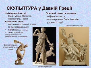 СКУЛЬПТУРА у Давній Греції
Найвідоміші митці:
Фідій, Мірон, Поліктет,
Пракситель, Лісіпп
Характерні риси:
• поєднання фізичної краси
та одухотвореності;
• патетика (урочистість);
• театральність
(надмірне загострення
уваги на емоціях зображуваних)
Основні теми та мотиви:
• міфічні сюжети;
• пошанування богів і героїв
• урочисті події
Богиня Артеміда
Лаокоон та його сини
Давньогрецький
атлет, метальник
диска
 