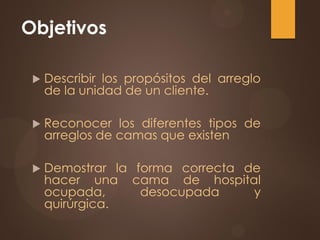 Objetivos
 Describir los propósitos del arreglo
de la unidad de un cliente.
 Reconocer los diferentes tipos de
arreglos de camas que existen
 Demostrar la forma correcta de
hacer una cama de hospital
ocupada, desocupada y
quirúrgica.
 