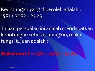 3/30/2017
Keuntungan yang diperoleh adalah :
15X1 + 20X2 + 25 X3
Tujuan persoalan ini adalah mendapatkan
keuntungan sebesar mungkin, maka
fungsi tujuan adalah :
Maksimum Z = 15X1 + 20X2 + 25 X3
 