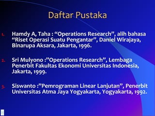 Daftar Pustaka
1. Hamdy A, Taha : “Operations Research”, alih bahasa
“Riset Operasi Suatu Pengantar”, Daniel Wirajaya,
Binarupa Aksara, Jakarta, 1996.
2. Sri Mulyono :”Operations Research”, Lembaga
Penerbit Fakultas Ekonomi Universitas Indonesia,
Jakarta, 1999.
3. Siswanto :”Pemrograman Linear Lanjutan”, Penerbit
Universitas Atma Jaya Yogyakarta, Yogyakarta, 1992.
 