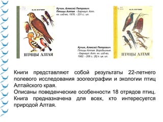 Кучин, Алексей Петрович.
Птицы Алтая. - Барнаул: Алт.
кн. изд-во, 1976. - 231 с.: ил.
Кучин, Алексей Петрович.
Птицы Алтая. Воробьиные.
- Барнаул: Алт. кн. изд-во,
1982. - 206 с.: [6] л. цв. ил.
Книги представляют собой результаты 22-летнего
полевого исследования зоогеографии и экологии птиц
Алтайского края.
Описаны поведенческие особенности 18 отрядов птиц.
Книга предназначена для всех, кто интересуется
природой Алтая.
 