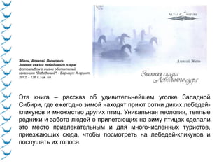 Эбель, Алексей Леонович.
Зимняя сказка лебединого озера:
фотоальбом о жизни обитателей
заказника "Лебединый". - Барнаул: А-принт,
2012. - 126 с.: цв. ил.
Эта книга – рассказ об удивительнейшем уголке Западной
Сибири, где ежегодно зимой находят приют сотни диких лебедей-
кликунов и множество других птиц. Уникальная геология, теплые
родники и забота людей о прилетающих на зиму птицах сделали
это место привлекательным и для многочисленных туристов,
приезжающих сюда, чтобы посмотреть на лебедей-кликунов и
послушать их голоса.
 