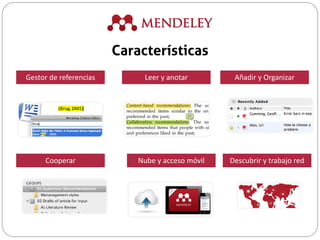 Gestor de referencias Leer y anotar Añadir y Organizar
Cooperar Nube y acceso móvil Descubrir y trabajo red
Características
 