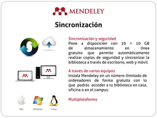 Sincronización y seguridad
Pone a disposición con 20 + 10 GB
de almacenamiento en línea
gratuito que permite automáticamente
realizar copias de seguridad y sincronizar la
biblioteca a través de escritorio, web y móvil
A través de varios equipos
Instala Mendeley en un número ilimitado de
ordenadores de forma gratuita con lo
que podrás acceder a tu biblioteca en casa,
oficina o en el campus.
Multiplataforma
Sincronización
 