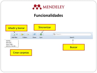 Crear carpetas
Sincronizar
Buscar
Añadir y borrar
Funcionalidades
 
