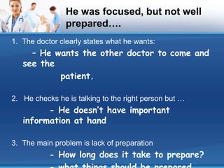 He was focused, but not well
prepared….
1. The doctor clearly states what he wants:
– He wants the other doctor to come and
see the
patient.
2. He checks he is talking to the right person but …
- He doesn’t have important
information at hand
3. The main problem is lack of preparation
- How long does it take to prepare?
 