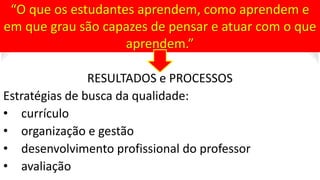 “O que os estudantes aprendem, como aprendem e
em que grau são capazes de pensar e atuar com o que
aprendem.”
RESULTADOS e PROCESSOS
Estratégias de busca da qualidade:
• currículo
• organização e gestão
• desenvolvimento profissional do professor
• avaliação
 