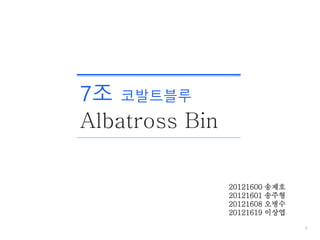 0
7조 코발트블루
Albatross Bin
20121600 송제호
20121601 송주형
20121608 오병수
20121619 이상엽
 