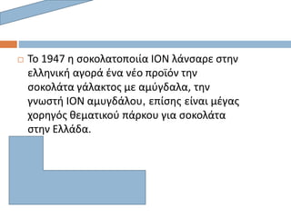  Το 1947 η σοκολατοποιία ΙΟΝ λάνσαρε στην
ελληνική αγορά ένα νέο προϊόν την
σοκολάτα γάλακτος με αμύγδαλα, την
γνωστή ΙΟΝ αμυγδάλου, επίσης είναι μέγας
χορηγός θεματικού πάρκου για σοκολάτα
στην Ελλάδα.
 