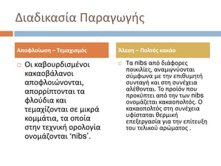 Διαδικασία Παραγωγής
 Οι καβουρδισμένοι
κακαοβάλανοι
αποφλοιώνονται,
απορρίπτονται τα
φλούδια και
τεμαχίζονται σε μικρά
κομμάτια, τα οποία
στην τεχνική ορολογία
ονομάζονται ‘nibs’.
 Τα nibs από διάφορες
ποικιλίες, αναμιγνύονται
σύμφωνα με την επιθυμητή
συνταγή και στη συνέχεια
αλέθονται. Το προϊόν που
προκύπτει από την των nibs
ονομάζεται κακαοπολτός. Ο
κακαοπολτός στη συνέχεια
υφίσταται θερμική
επεξεργασία για την επίτευξη
του τελικού αρώματος .
Αποφλοίωση – Τεμαχισμός Άλεση – Πολτός κακάο
 
