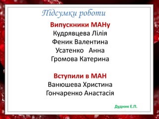 Підсумки роботи
Випускники МАНу
Кудрявцева Лілія
Феник Валентина
Усатенко Анна
Громова Катерина
Вступили в МАН
Ванюшева Христина
Гончаренко Анастасія
Дудник Е.П.
 