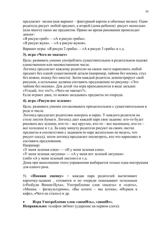 55
предлагает мелки (как вариант – фактурный картон и обычные мелки). Один
родитель рисует любой предмет, а второй (дома ребенок) рисует несколько
(или много) таких же предметов. Прямо во время рисования происходит
диалог:
«Я рисую гриб». – «А я рисую грибы».
«Я рисую жука». – «А я рисую жуков».
Вариант игры: «Я рисую 2 гриба». – «А я рисую 3 гриба» и т.д.
3). игра «Чего не хватает»
Цель: развивать умение употреблять существительное в родительном падеже
единственном или множественном числе.
Логопед предлагает каждому родителю на своем листе нарисовать любой
предмет без одной существенной детали (например, чайник без носика, стул
без ножки, кошку без хвоста). Затем каждый родитель демонстрирует свой
рисунок, а остальные должны составить предложение по рисунку: «Это
чайник без носика». Для детей эта игра преподносится в виде загадки:
«Угадай, что это?», «Чего не хватает?».
Если играют двое, то можно загадывать предметы по очереди.
4). игра «Рисую все зеленое»
Цель: развивать умение согласовывать прилагательное с существительным в
роде и числе.
Логопед предлагает родителям поиграть в парах. У каждого родителя на
столе листок бумаги. Логопед дает каждой паре свое задание: кто-то будет
рисовать все зеленое, кто-то – все круглое, кто-то – все маленькое, кто-то –
все холодное и т.д. За одну минуту родители рисуют на своих листах
предметы в соответствии с заданием (в паре желательно не видеть, что
рисует сосед), затем логопед предлагает посмотреть, кто что нарисовал и
составить предложения.
Например:
«У меня зеленая елка» — «И у меня зеленая елка».
«У меня зеленая лягушка» — «А у меня нет зеленой лягушки»
(либо «А у меня зеленый листок») и т.д.
Дома при выполнении этого упражнения выбирается только одна инструкция
для одного раза.
5). «Покажи сценку» - каждая пара родителей вытягивают
карточку-задание , готовятся и по очереди показывают остальным
(«Разбуди Винни-Пуха», Употребление слов «надеть» и «одеть»,
«Мишка – физкультурник», «Вы хотите – мы хотим», «Играем в
кафе», «Чего не стало») и др.
 Игра Употребление слов «звонИть», «звонИт».
Неправильно: телефон звОнит (ударение на первом слоге).
 