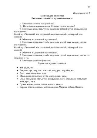 94
Приложение № 5
Памятка для родителей
Последовательность звукового анализа
1. Произнеси слово и послушай его.
2. Произнеси слово по слогам. Сколько слогов в слове?
3. Произнеси слово так, чтобы выделить первый звук в слове, назови
его отдельно.
Какой звук? (гласный или согласный, если согласный, то твердый или
мягкий)
4. Обозначь выделенный звук фишкой.
5. Произнеси слово так, чтобы выделить второй звук в слове, назови
его отдельно.
Какой звук? (гласный или согласный, если согласный, то твердый или
мягкий)
6. Обозначь выделенный звук фишкой.
7. Произнеси слово так, чтобы выделить третий звук в слове, назови его
отдельно. и т.д.
8. Произнеси слово по фишкам.
Слова для звукового анализа
 Ум, ус, ах, ох.
 Рак, мак, лук, мир, час, дом, сом, сыр, рис, пир, бор, кот.
 Аист, утка, овцы, ива, уши.
 Мама, рама, ваза, гуси, шуба, мыло, ножи, часы.
 Стол, слон, кран, грач, стул, шкаф, план, плот, врач, волк, торт, март,
зонт, куст, лист.
 Сумка, кошка, палка, лампа, мишка, мышка.
 Корова, лопата, солома, ворона, сорока, Марина, собака, Никита.
 