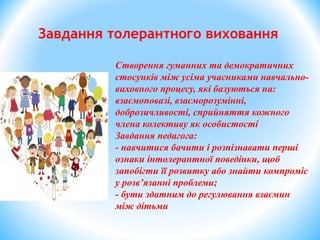 Створення гуманних та демократичних
стосунків між усіма учасниками навчально-
виховного процесу, які базуються на:
взаємоповазі, взаєморозумінні,
доброзичливості, сприйняття кожного
члена колективу як особистості
Завдання педагога:
- навчитися бачити і розпізнавати перші
ознаки інтолерантної поведінки, щоб
запобігти її розвитку або знайти компроміс
у розв’язанні проблеми;
- бути здатним до регулювання взаємин
між дітьми
Завдання толерантного виховання
 