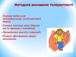 Методика виховання толерантностіМетодика виховання толерантності
-Знання педагогом
індивідуальних особливостей
дітей;
-Знання взаємин між дітьми
та їх проявів у поведінці;
-Проведення аналізу ситуації;
-Пошук ефективних форм
виховання.
 