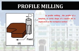 PROFILE MILLING
In profile milling , the profile of a
template or cavity shape of a master die is
duplicated on the workpiece surface.
22
 