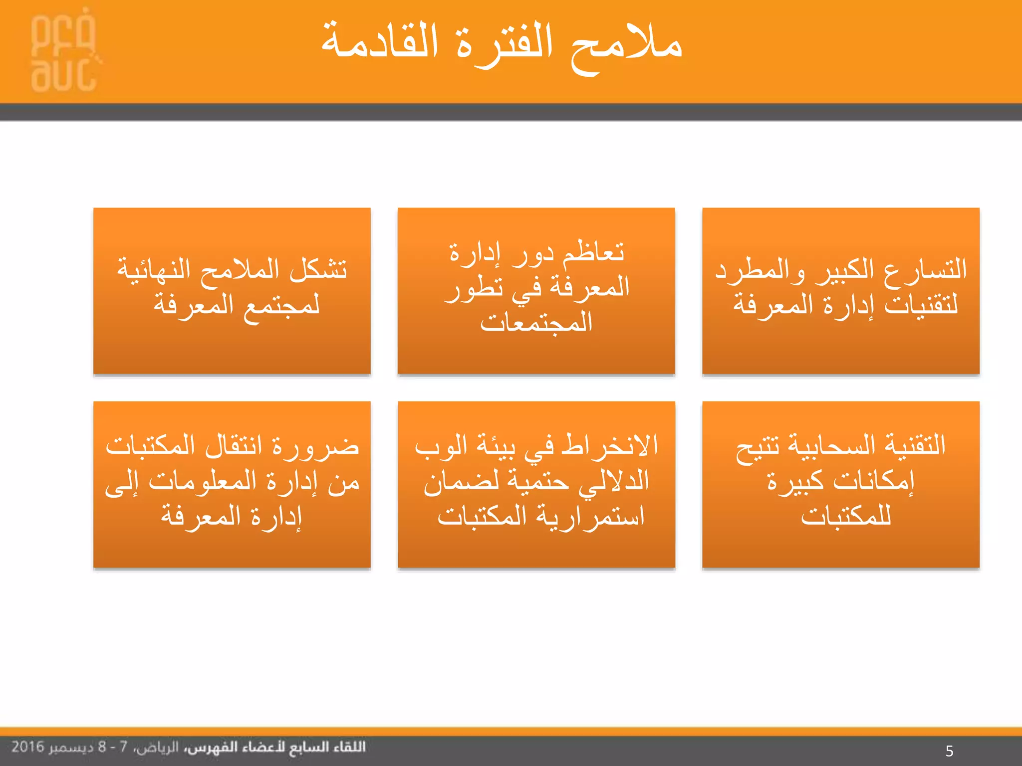5
‫القادمة‬ ‫الفترة‬ ‫مالمح‬
‫النهائية‬ ‫المالمح‬ ‫تشكل‬
‫المعرفة‬ ‫لمجتمع‬
‫إدارة‬ ‫دور‬ ‫تعاظم‬
‫تطور‬ ‫في‬ ‫المعرفة‬
‫المجتمعات‬
‫والمطرد‬ ‫الكبير‬ ‫التسارع‬
‫المعرفة‬ ‫إدارة‬ ‫لتقنيات‬
‫المكتبات‬ ‫انتقال‬ ‫ضرورة‬
‫إلى‬ ‫المعلومات‬ ‫إدارة‬ ‫من‬
‫المعرفة‬ ‫إدارة‬
‫الوب‬ ‫بيئة‬ ‫في‬ ‫االنخراط‬
‫لضمان‬ ‫حتمية‬ ‫الداللي‬
‫المكتبات‬ ‫استمرارية‬
‫تتي‬ ‫السحابية‬ ‫التقنية‬‫ح‬
‫إمكانات‬‫كبيرة‬
‫للمكتبات‬
 